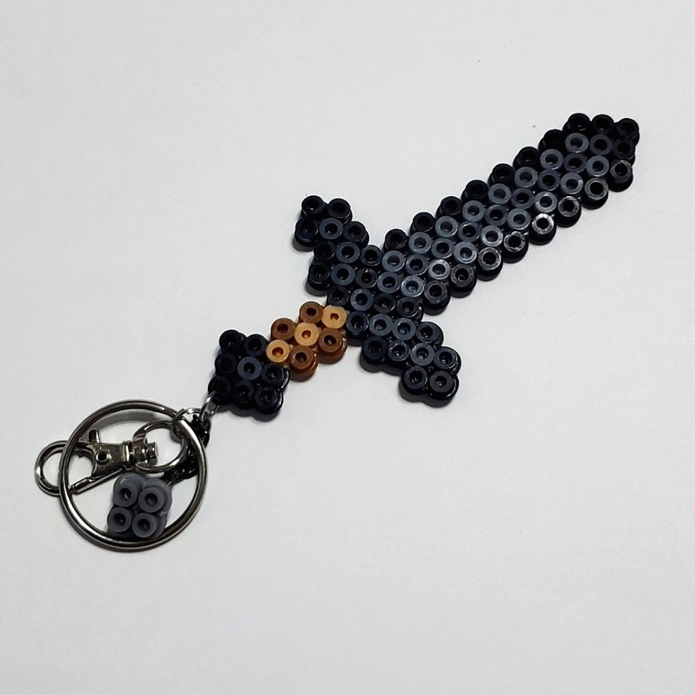 Hand-made Perler Bead Minecraft Stone Sword w/ Stone Block - Key Chain